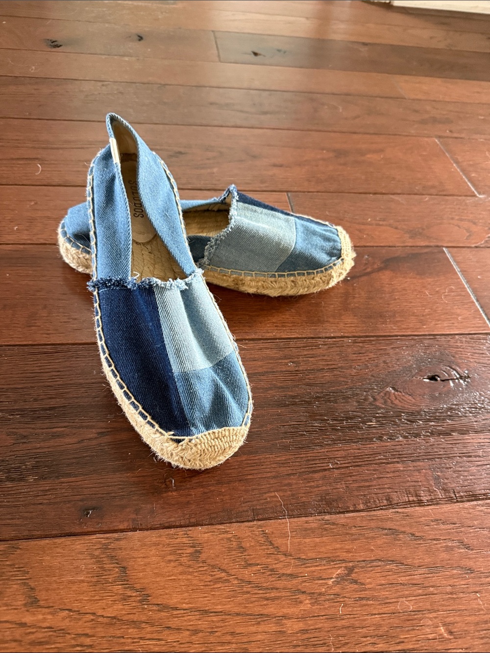 Soludos Patchwork Denim Espadrilles in Light and Dark Blue